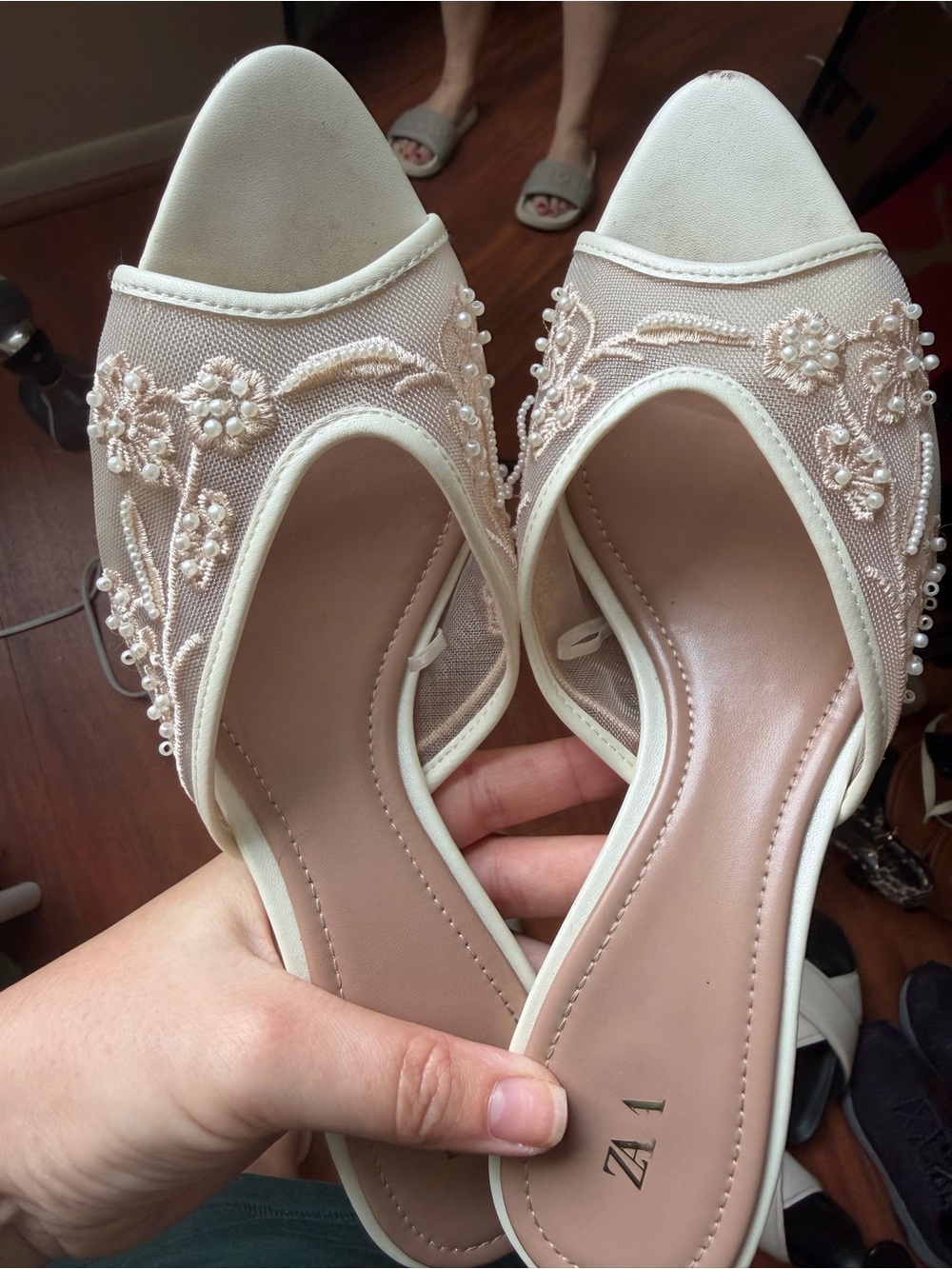 Zara Ivory Floral Pearl-Embellished Mesh Mules